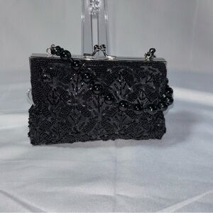 Vintage 90s Bijoux Terner Evening Kisslock Black Satin Beaded Sequin Handbag